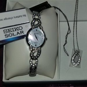 Seiko Women's Crystal Jewelry Stainless Japanese-Quartz Watch and Necklace P367